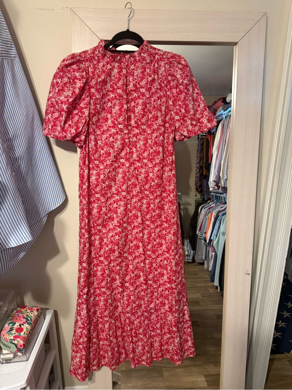 HYACINTH HOUSE Red Floral Midi Dress with Puff Sleeves